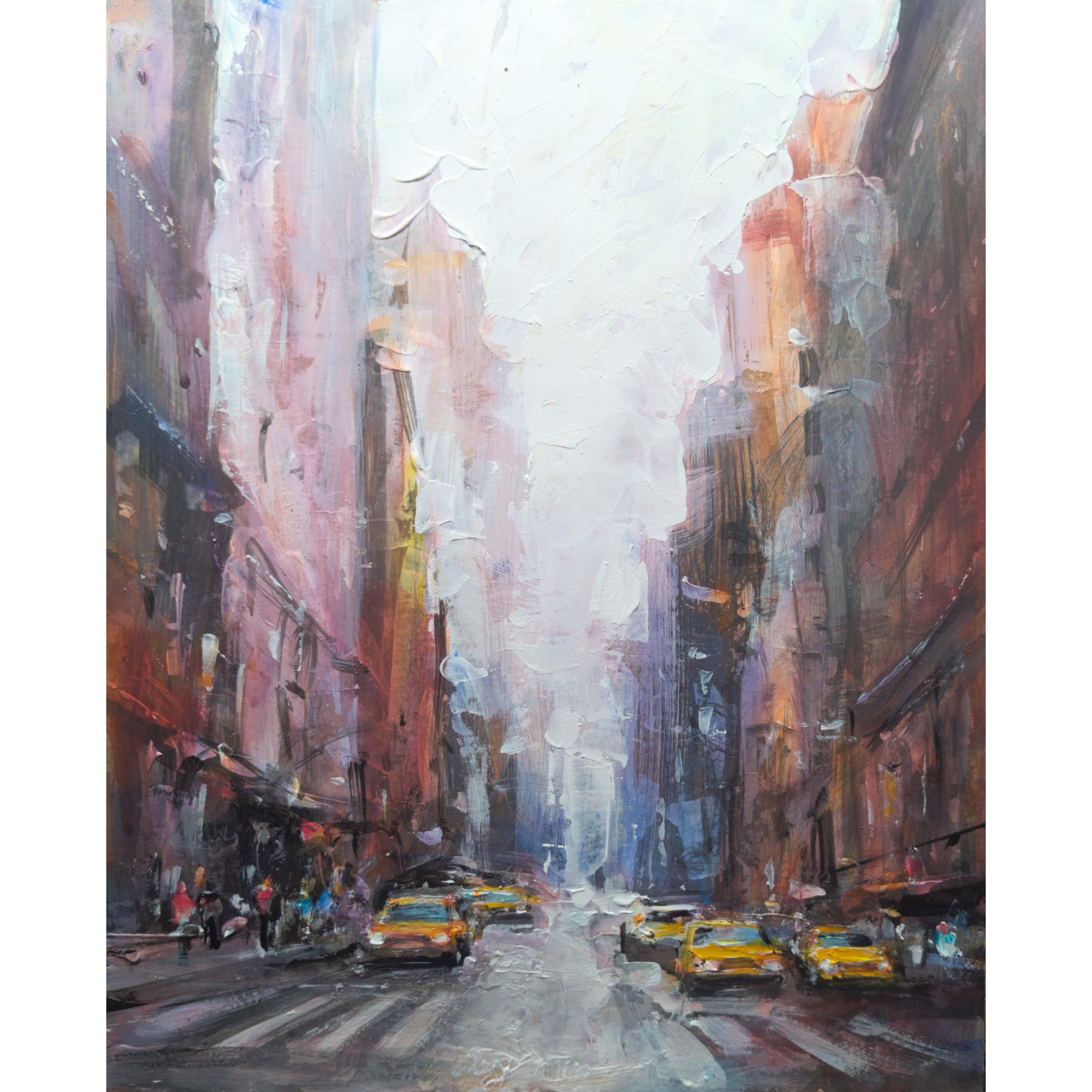 オイルパステル画  ニューヨーク Original Oil Painting: New York City Street View, Handmade Wall