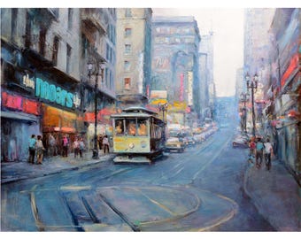 San Francisco Gemälde Stadtbild Straßenansicht Wolkenkratzer Original Ölgemälde Handgemachte Kunst.