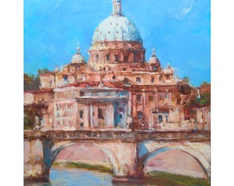 Rom Malerei Original handgemachte Italien Kunst St. Peter's Kathedrale Blick Brücke Wandkunst.