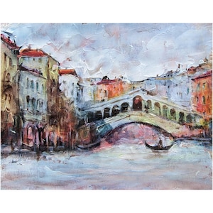 Ponte di Rialto Venezia Dipinto ad olio Arte italiana, arte moderna, decorazione murale Arte strutturata Dipinto fatto a mano su pannello su tela 8&quot; x 10&quot;.