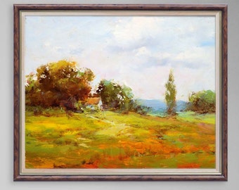 Origineel olieverfschilderij: Sunny Village-landschap, zomerkunst
