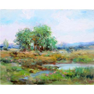 Landscape Painting. Original Oil Painting. Village River Landscape. Original Hand Painted Artwork.