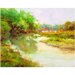 Landscape Painting. Village River Landscape. Oil Painting. Original Hand Painted Artwork.