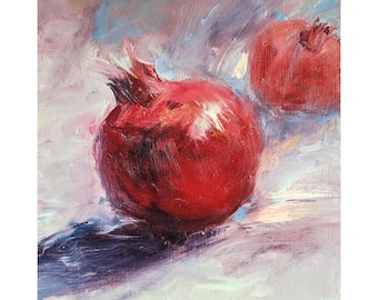 Granatapfel Malerei, handgemachte Ölmalerei auf Holz, original Kunstwerk. Küchen Dekor.