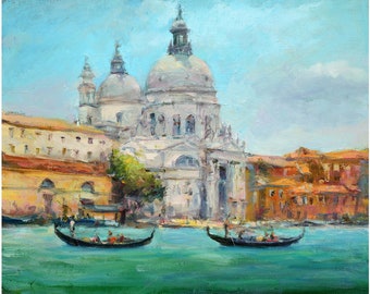 ベネチア運河の油絵、イタリアのオリジナル絵画、ベネチアの壁掛け