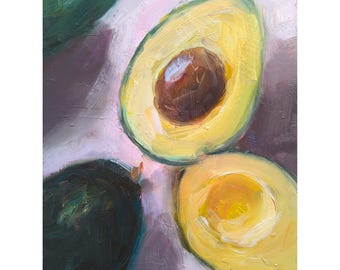 Avocado Malerei, handgemachte Ölmalerei auf Holz, original Kunstwerk. Küchen Dekor.
