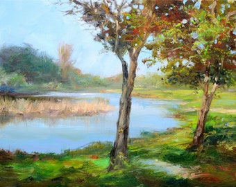 Landscape Oil Painting Summer Lake , Original Handpainted Art.