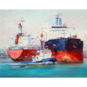 Öltanker Schiffe Handgemachtes Ölgemälde. Anhänger Boot im Hafen. Fine Art Wanddekor.