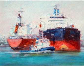 Öltanker Schiffe Handgemachtes Ölgemälde. Anhänger Boot im Hafen. Fine Art Wanddekor.