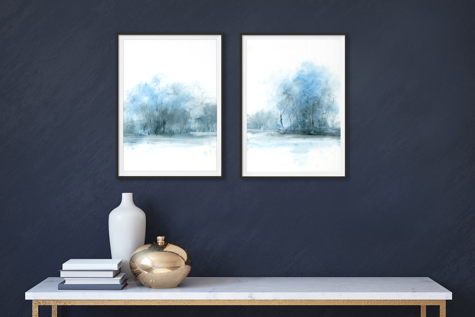 Set of 2 Blue Wall Art Watercolor Prints Navy Blue Wall Art Etsy