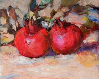Granatapfel Malerei, handgemachte Ölmalerei auf Holz, original Kunstwerk. Küchen Dekor.