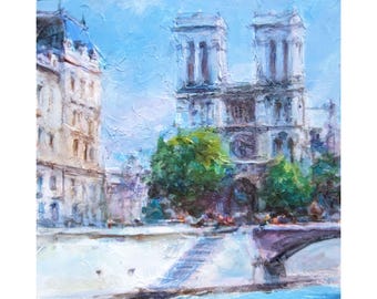 ビンテージ風景パリ ノートルダム寺院オリジナル絵画油彩/キャンバス