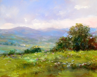 Pintura al óleo de paisaje original: arte de campo de verano.