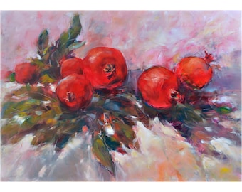 Granatapfel Malerei, handgemachte Ölmalerei auf Holz, original Kunstwerk. Küchen Dekor.