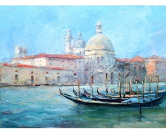 ベネチア運河の油絵、イタリアのオリジナル絵画、ベネチアの壁掛け