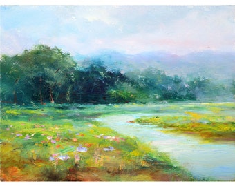 油絵風景画オリジナル、キャンバスに描いた絵画、川の風景、手作り