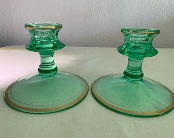 Green Uranium Gold Rimmed Candle Holder Set