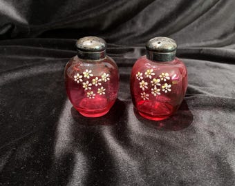 Antique Victorian Cranberry Daisy Salt and Pepper Shaker Set 1890