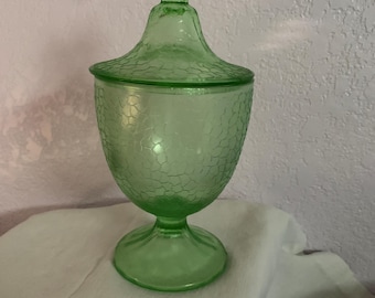 Green Depression Glass Covered Candy Dish