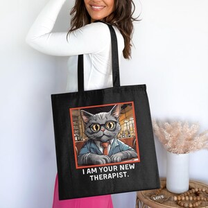 Whimsical Therapist Cat Tote Bag: Stylish Bag Featuring Illustrated Cat in Glasses and Suit