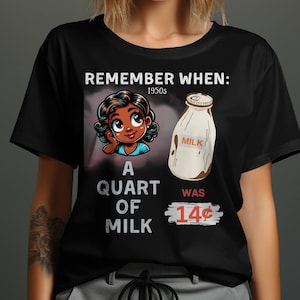 Vintage T-shirt met melkprijs, T-shirt met retro cartoonontwerp, nostalgisch T-shirt met melkadvertentie uit de jaren 50, klassiek shirt met kwart melk