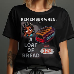 Vintage 1950s Retro T-Shirt Design, Loaf of Bread Graphic, Classic 12 Cent Price, Nostalgic, Cartoon Girl Illustration, Unique Tee