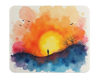 Pode incluir: Uma pintura em aquarela de um pôr do sol com uma única figura em pé no topo de uma colina. O céu é de um laranja e amarelo vibrantes, com toques de rosa e azul. O sol é um círculo grande e brilhante no centro da pintura. A figura é uma silhueta contra o pôr do sol.