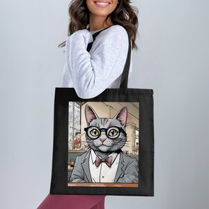 Cute Cat in Glasses Tote Bag, Cat Lover Gift Tote, Stylish Cat Design Bag, Fashionable Cat Art Bag, Reusable Cat Shopper Tote
