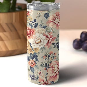 Floral Tumbler, Peony Flower Tumbler, Vintage Floral Tumbler, Botanical Print Tumbler, Gift for Her, Floral Pattern Tumbler