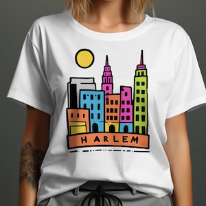 Harlem Skyline T-Shirt, Vibrant Harlem Cityscape Tee, Colorful Skyline Shirt, Trendy Harlem Graphic Tee, Stylish Urban Shirt