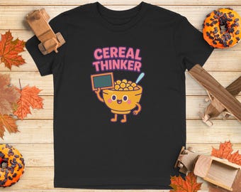 Cereal Thinker T-Shirt: Funny Cartoon Breakfast Pun Youth Tee