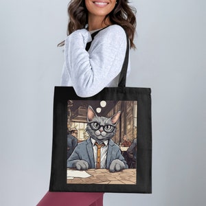 Cat Office Scene Tote Bag, Quirky Cat Art Bag, Cute Cat with Glasses, Fun Cat Lover Gift, Unique Tote Bag, Cat in Suit, Artistic Cat Bag