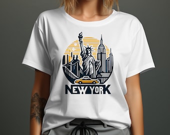 NYC Skyline Graphic T-Shirt, Statue of Liberty, Taxi Cab, Unisex Fit