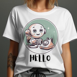 Cute Robot Illustration T-Shirt, Hello Goodbye T-Shirt, Funny Robot Graphic Tee, Cute Robot Phone Design, Front and Back Print Tee
