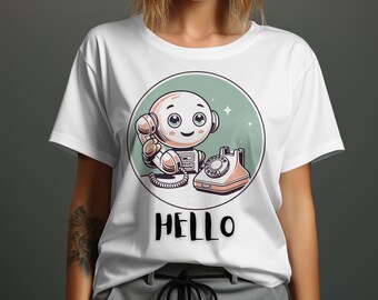 May include: White t-shirt with a green circle graphic featuring a cartoon robot holding a vintage phone. The text "HELLO" is printed below the graphic.