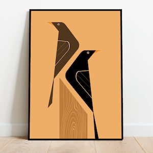 Amseln auf Baumstumpf, retro midcentury 1960er Jahre Illustration Druck/Poster - Vogel Poster - Naturdruck in 4 Farben erhältlich