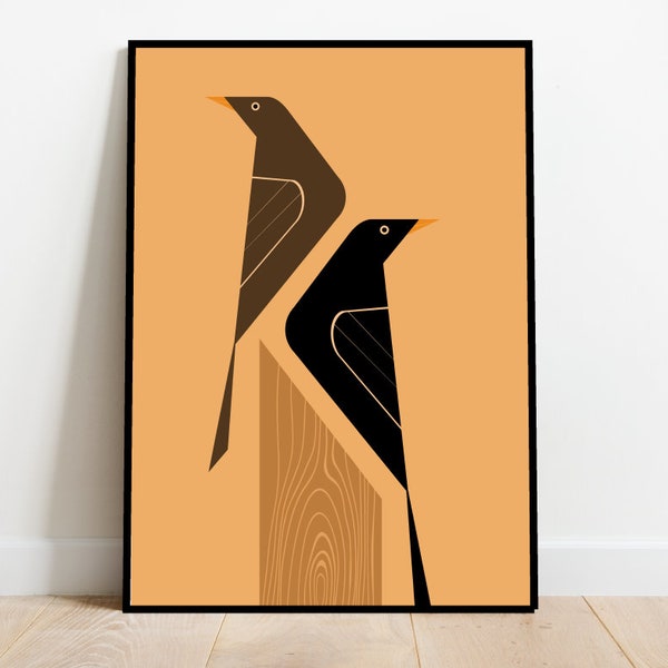 A Pair of Blackbirds on a tree stump, retro midcentury 1960s Illustration print/poster - bird poster - nature print 4 colours available