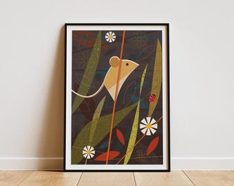 Field Mouse Print: Retro 1960s Mid-Century Illustration, Nature Poster