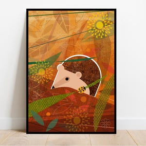 Hedgehog in the undergrowth, retro midcentury 1960s Illustration print/poster - nature poster - landscape print