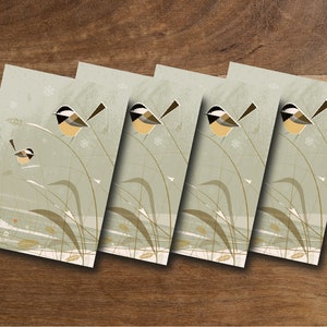 Oiseaux d'hiver fantaisistes : lot de 4 cartes de voeux mésanges - Illustration rétro des années 60, parfaite pour les anniversaires
