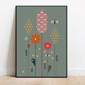 Frühling im Garten 2 - Mid Century Stil wilde Blumen Illustration, Pflanzenpostkarten, Pflanzenpostkarten, Pflanzenpostkarten