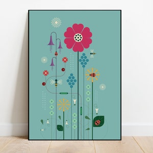 庭の春 - ミッドセンチュリースタイルの野生の花のイラスト、植物のプリント、植物のイラスト、ポストカード、植物