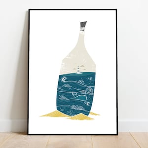 Sea in a bottle retro midcentury 1960s Illustration print/poster animals scandi - Scenic folk poster, seaside print, whale tail, ocean