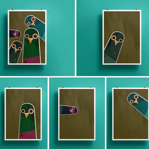 Nosy Pigeons Print Set: Retro Mid-Century Illustration
