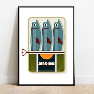 Sardines in a tin, retro midcentury 1960s Illustration print/poster classic scandi - food print - minimalist art - retro poster, food art