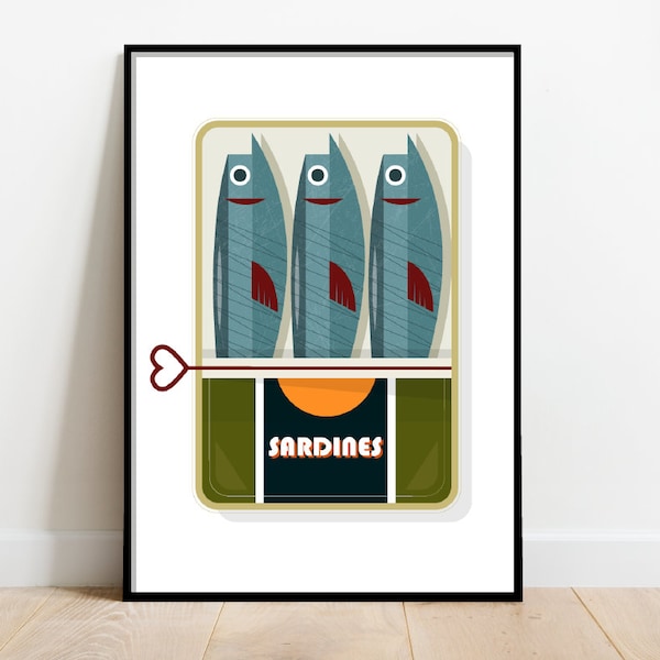 Sardines in a tin, retro midcentury 1960s Illustration print/poster classic scandi - food print - minimalist art - retro poster, food art