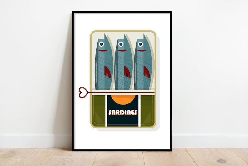 Sardines in a tin, retro midcentury 1960s Illustration print/poster classic scandi food print minimalist art retro poster, food art image 1