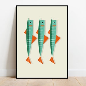 Fish in a row, retro midcentury 1960s Illustration print/poster classic scandi - food print - minimalist art - retro poster, food art