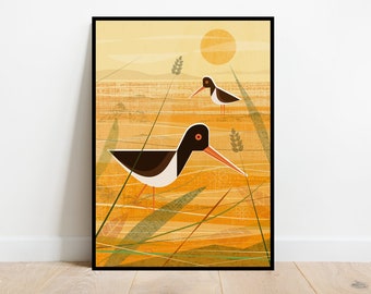 Oystercatchers on the beach, retro midcentury 1960s Illustration print/poster - bird poster - nature print