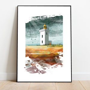 White lighthouse on the sand, retro midcentury 1960s scandi Illustration print/poster - Architecture print